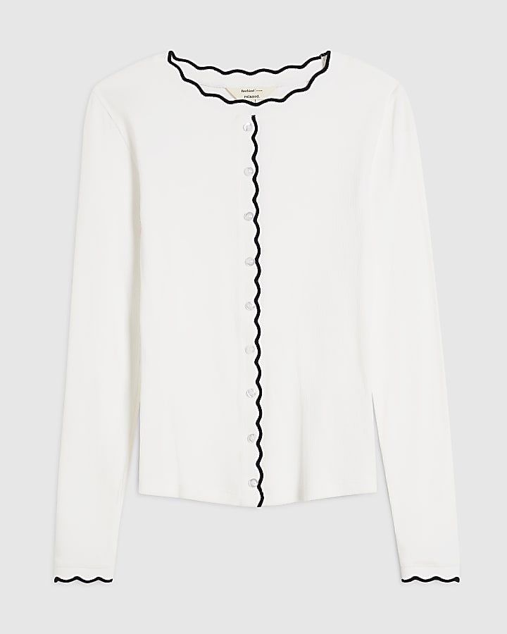 Cream Scallop Ribbed Long Sleeves Cardigan