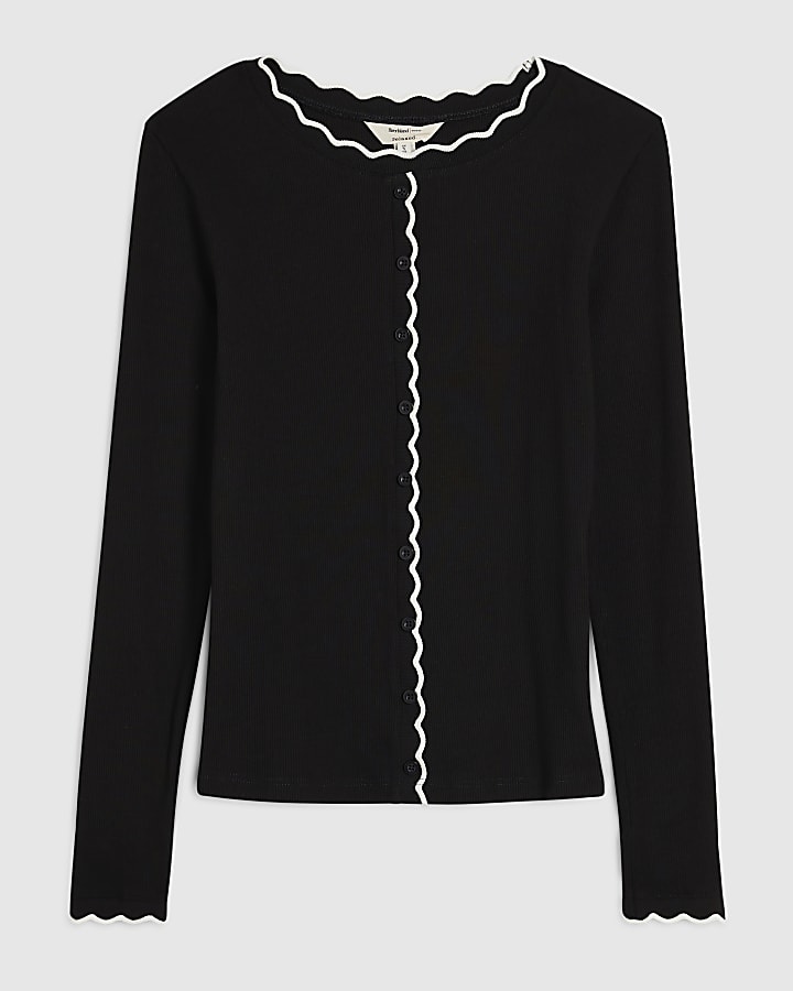 Black Scallop Trim Ribbed Cardigan