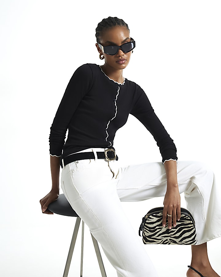 Black Scallop Trim Ribbed Cardigan
