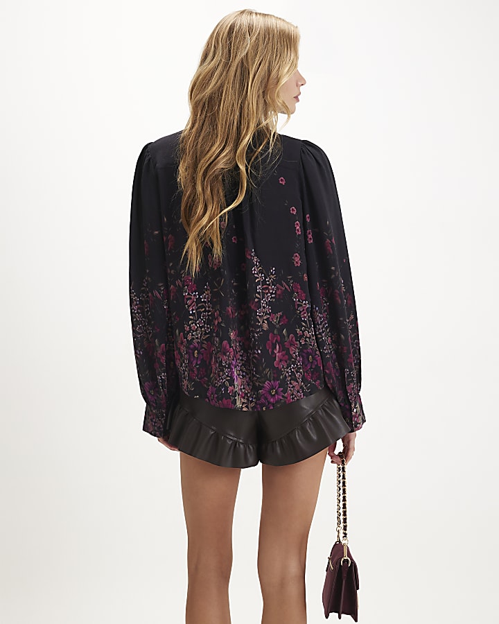 Black Floral Frill Blouse