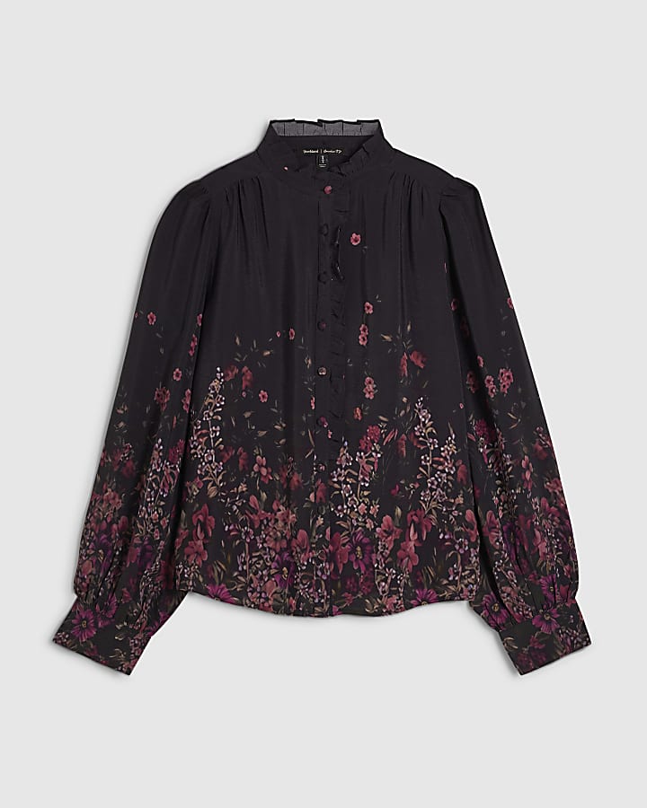 Black Floral Frill Blouse