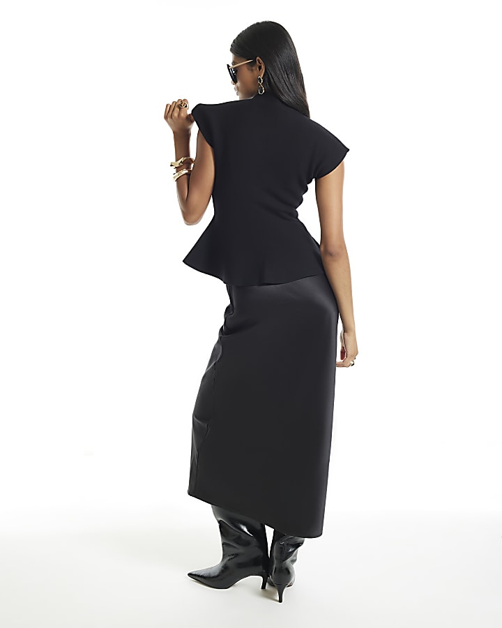 Black Peplum Knit Hybrid Satin Dress
