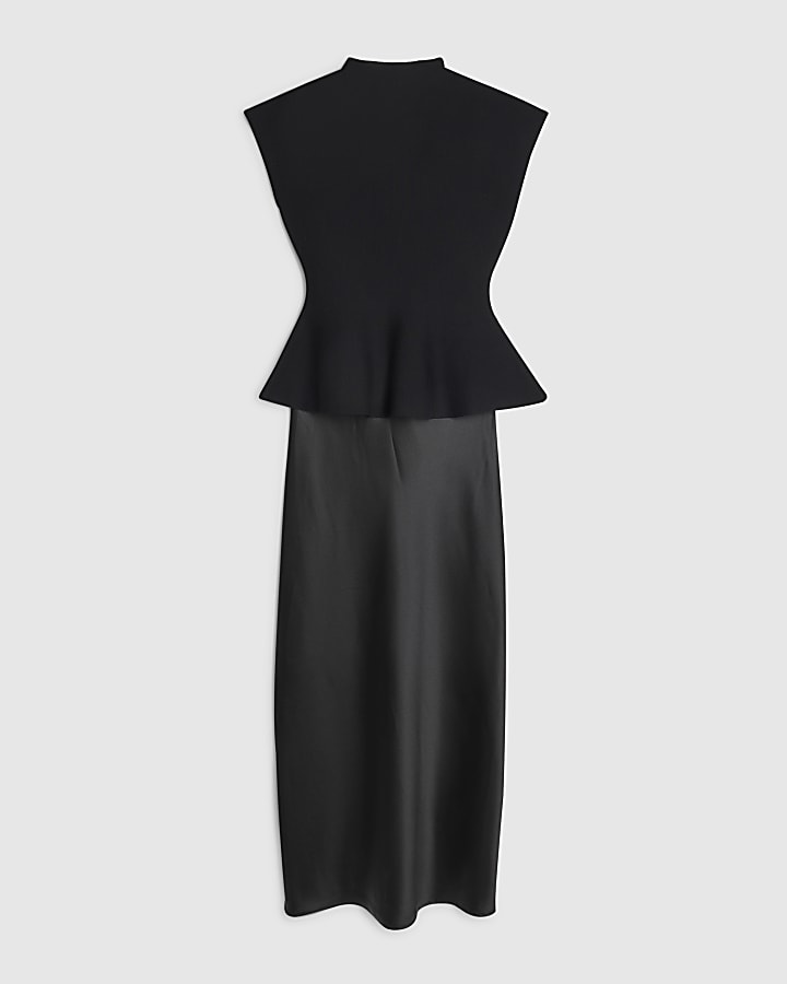 Black Peplum Knit Hybrid Satin Dress
