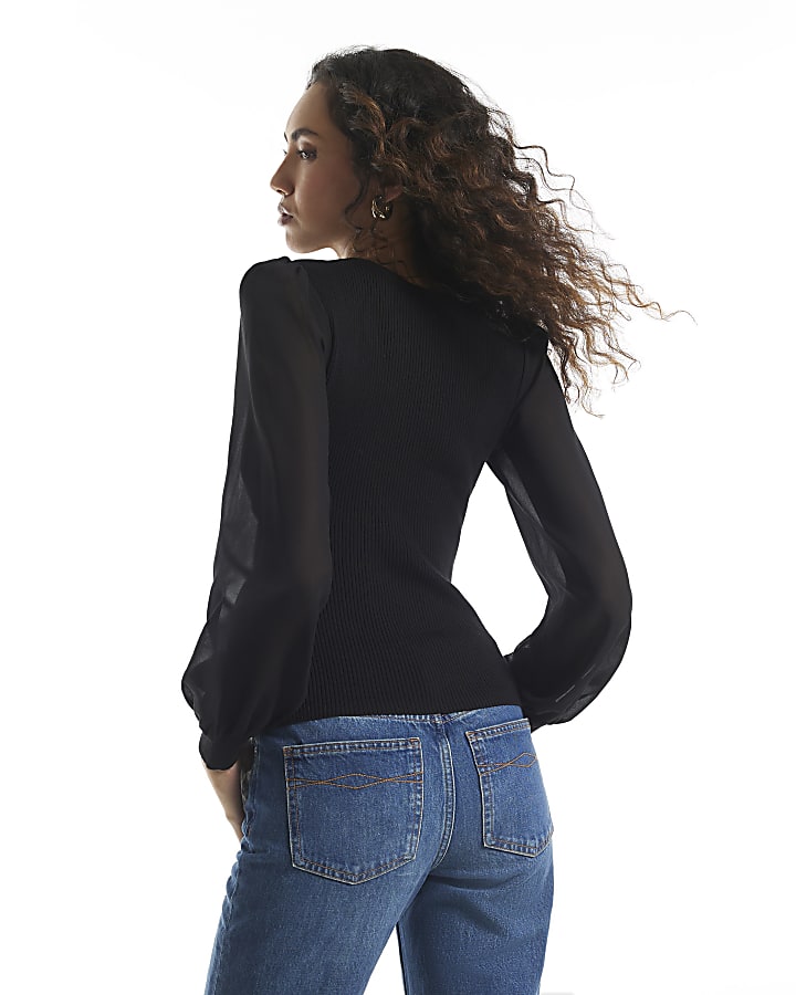 Black Knit Chiffon Corset Blouse