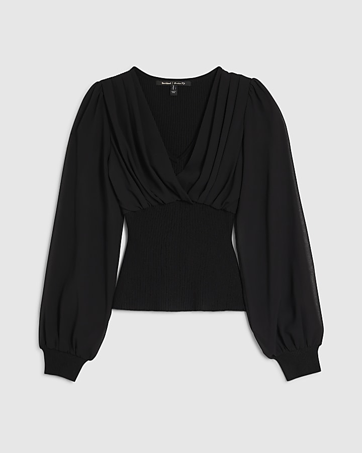Black Knit Chiffon Corset Blouse