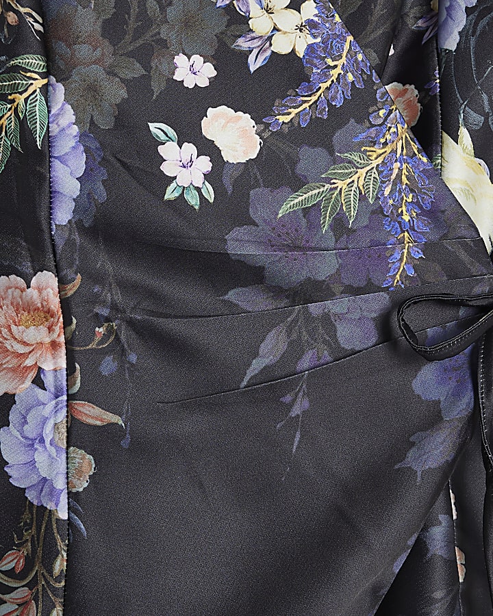 Petite Black Floral Tie Wrap Top