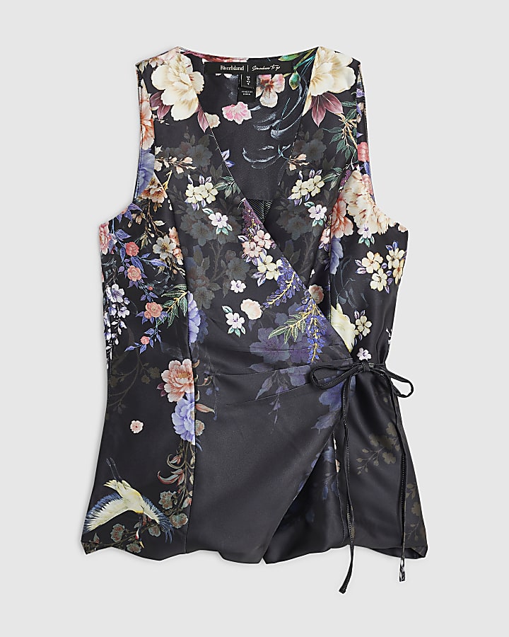 Petite Black Floral Tie Wrap Top
