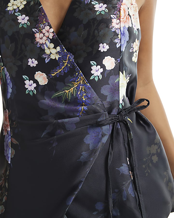 Petite Black Floral Tie Wrap Top