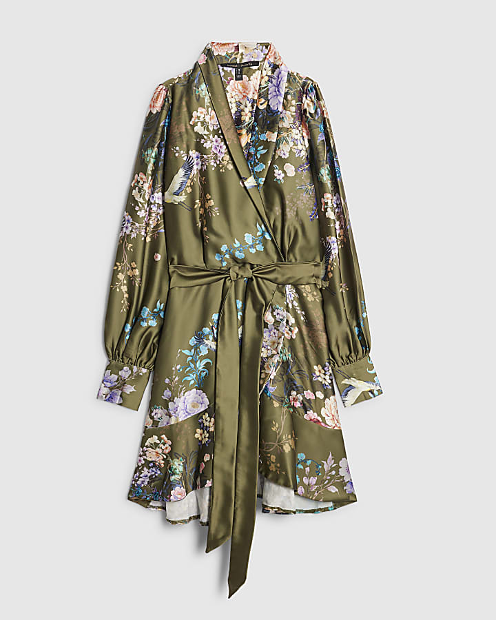 Petite Khaki Floral Wrap Front Mini Dress