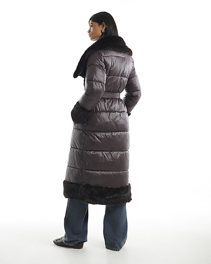 Brown Faux Fur Collar Padded Coat