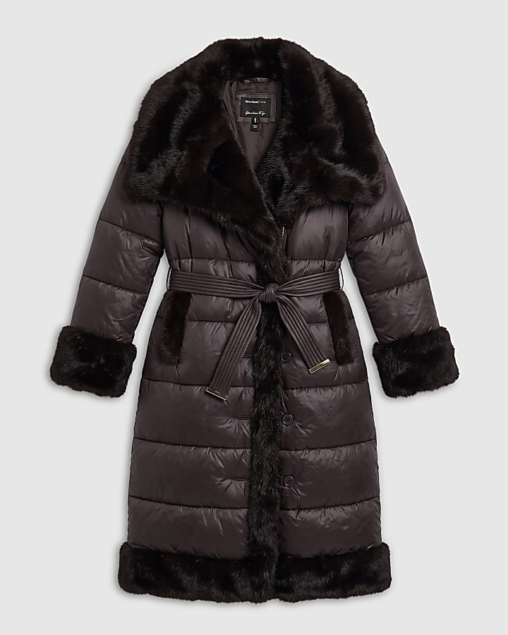 Brown Faux Fur Collar Padded Coat