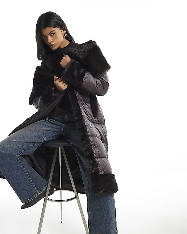 Brown Faux Fur Collar Padded Coat