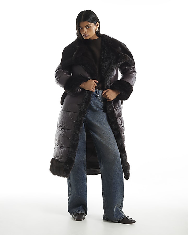 Brown Faux Fur Collar Padded Coat