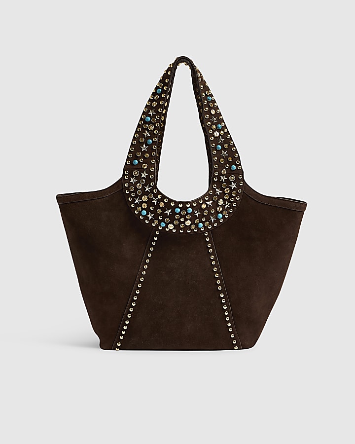 Brown Suede Studded Tote Bag
