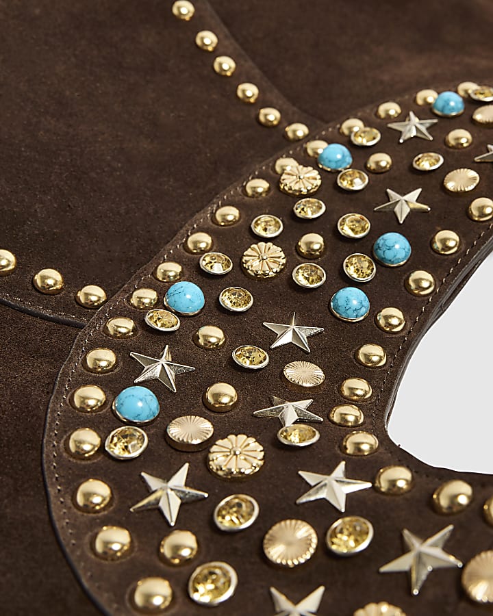 Brown Suede Studded Tote Bag