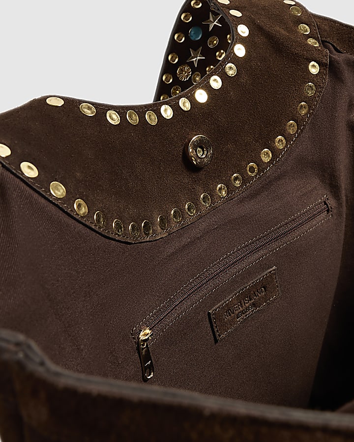 Brown Suede Studded Tote Bag