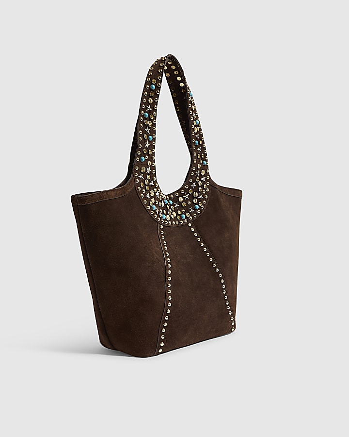 Brown Suede Studded Tote Bag