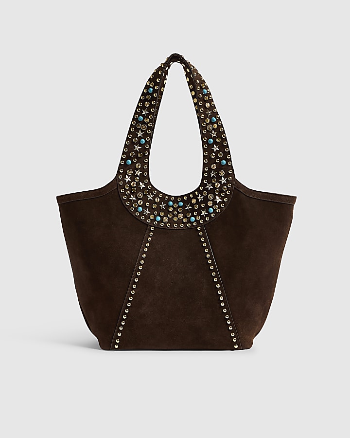 Brown Suede Studded Tote Bag