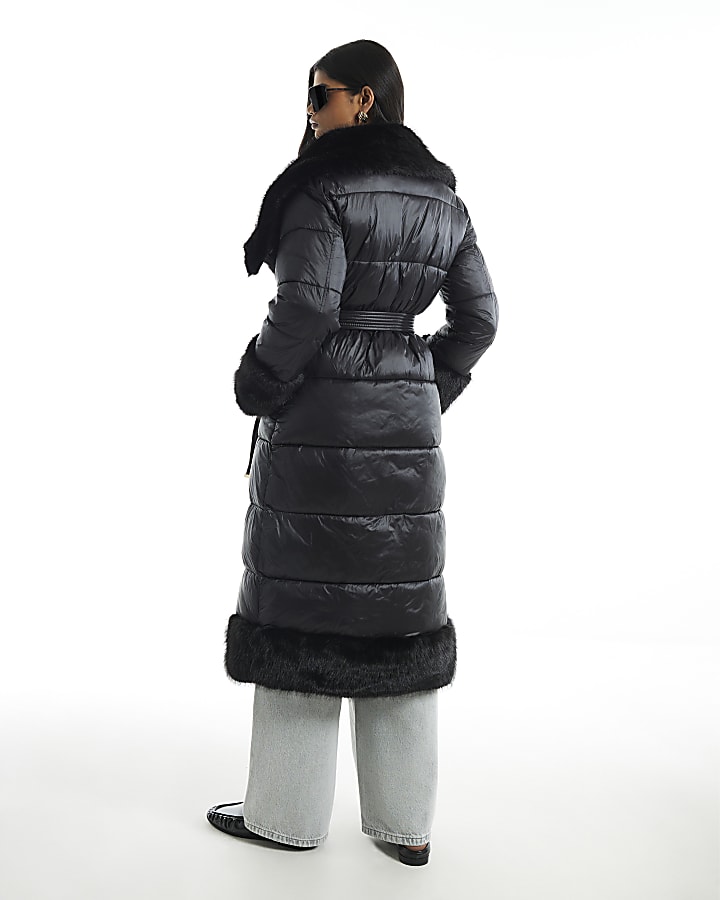 Black Faux Fur Collar Padded Coat