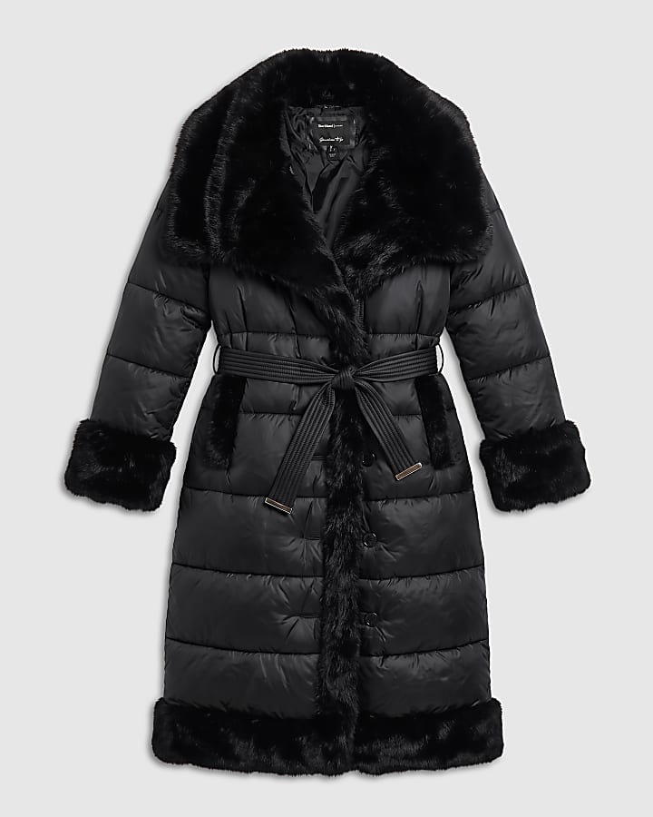 Black Faux Fur Collar Padded Coat