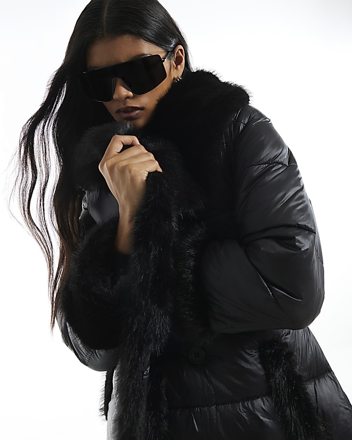 Black Faux Fur Collar Padded Coat