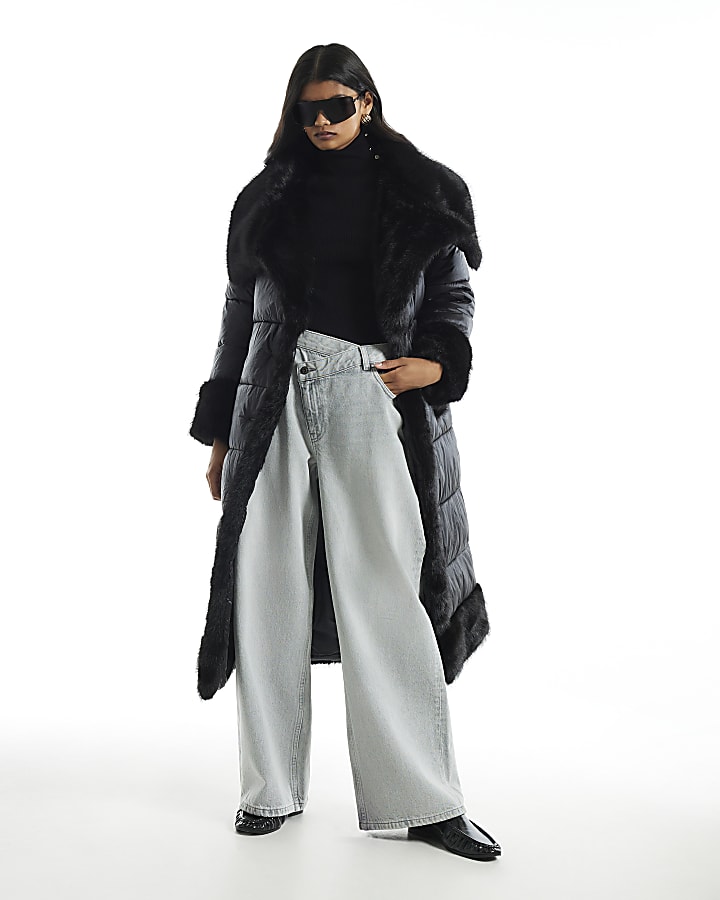 Black Faux Fur Collar Padded Coat