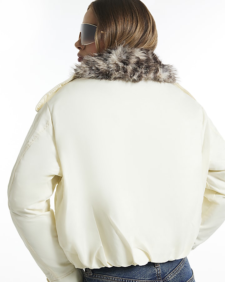 Cream Military Faux Fur Collar Puffer Jacket