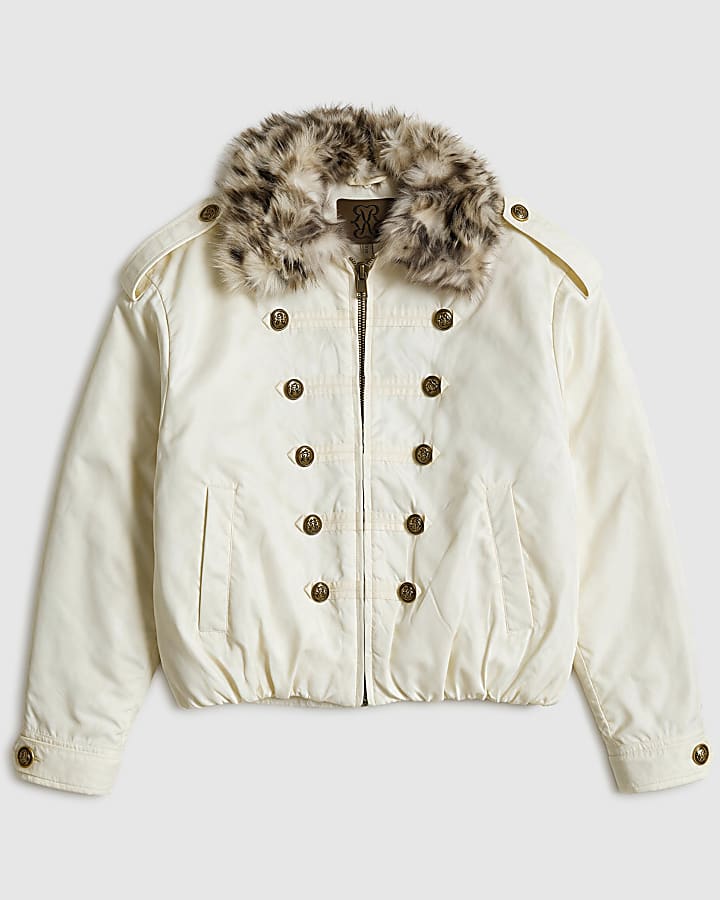 Cream Military Faux Fur Collar Puffer Jacket