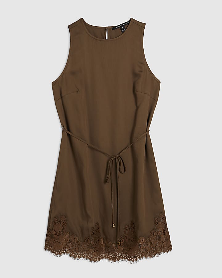 Khaki Lace Cutwork Hem Mini Dress