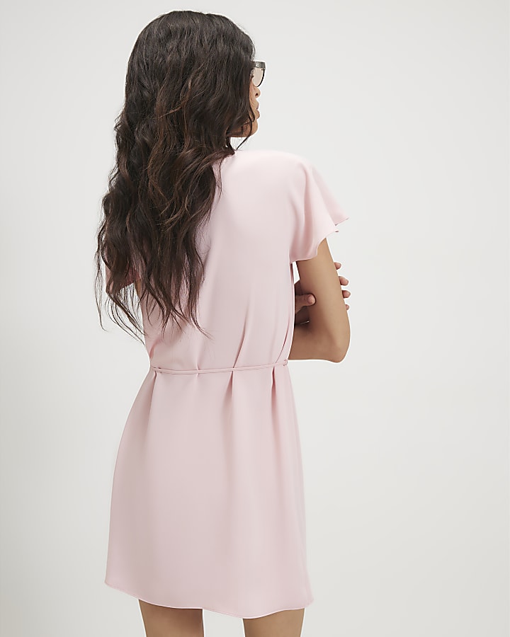 Pink Pleat Neck Mini Shift Dress