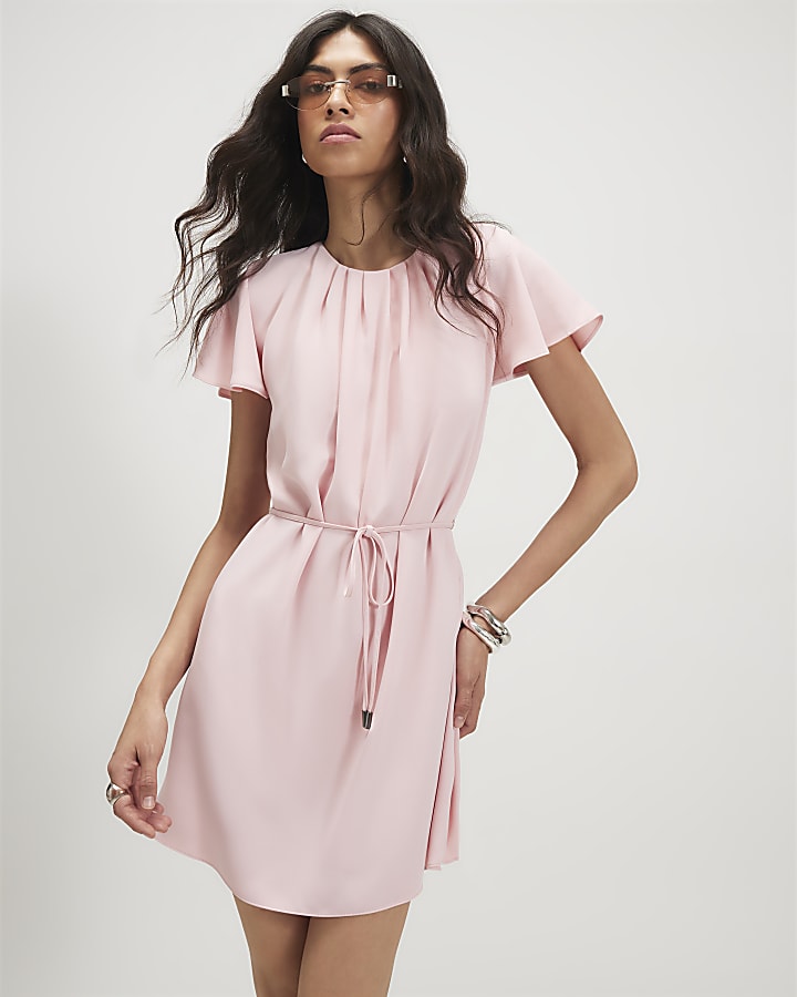 Pink Pleat Neck Mini Shift Dress