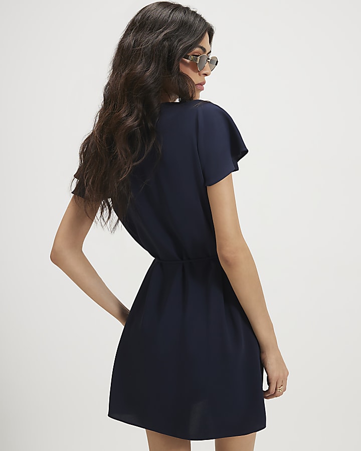 Navy Pleat Neck Mini Shift Dress