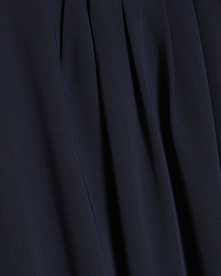Navy Pleat Neck Mini Shift Dress