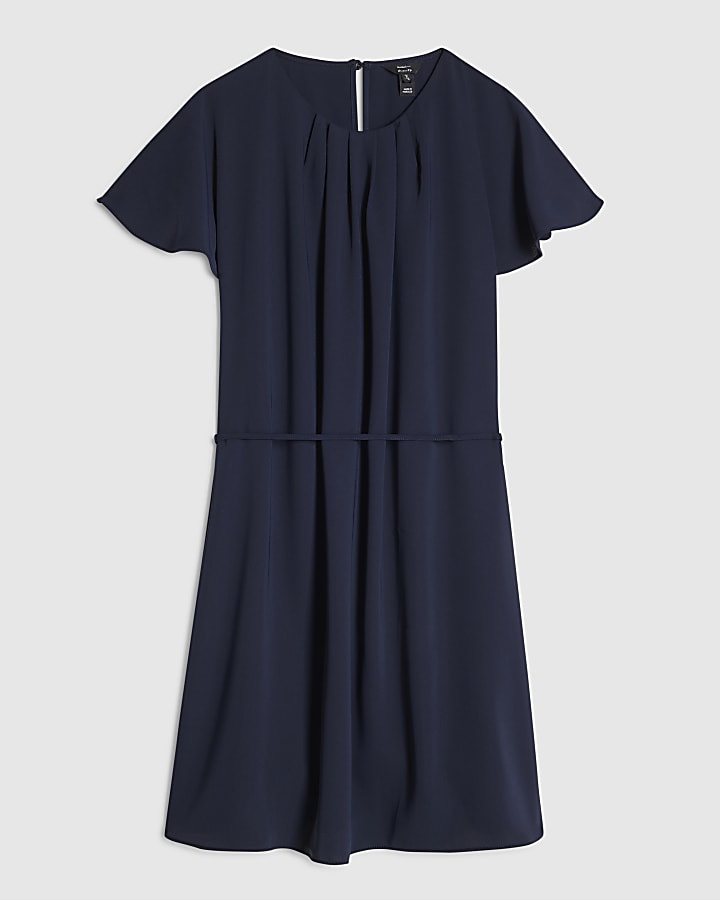Navy Pleat Neck Mini Shift Dress