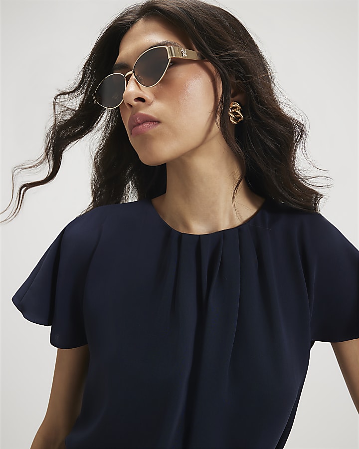 Navy Pleat Neck Mini Shift Dress