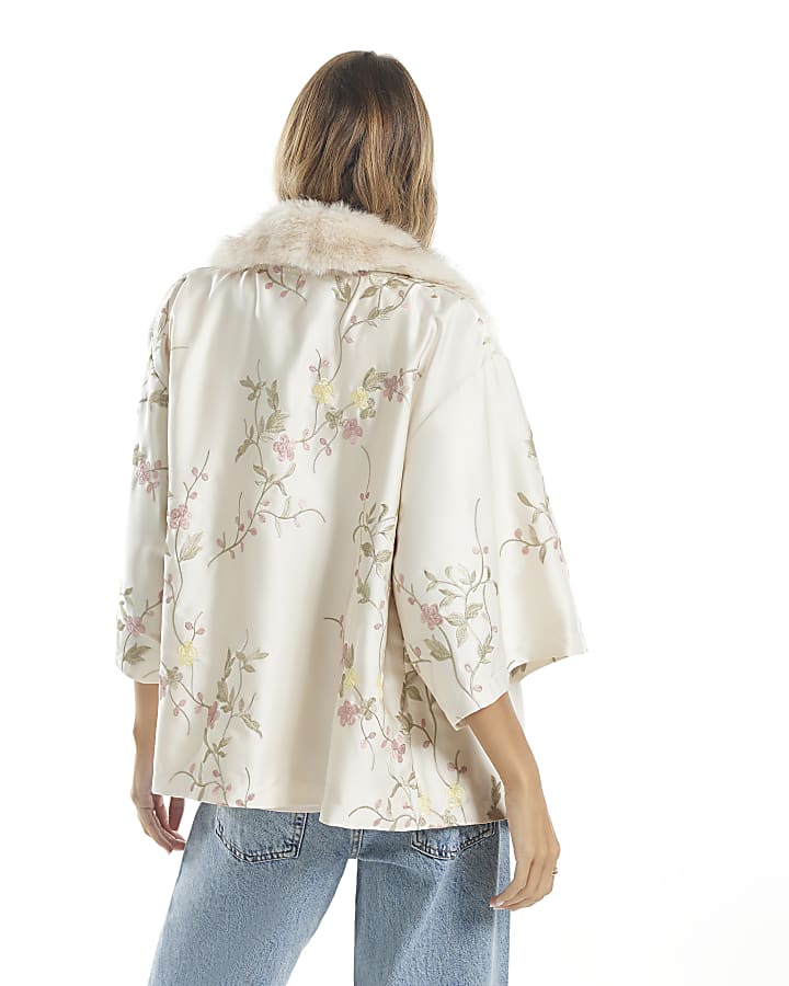 Cream Embroidered Faux Fur Kimono