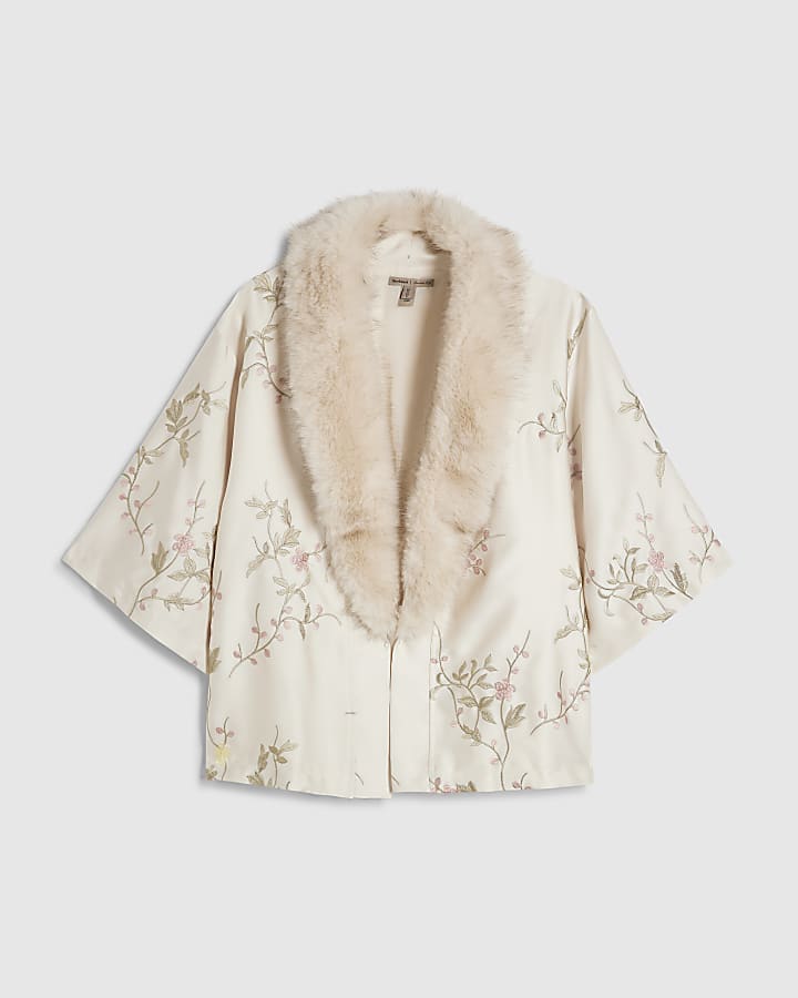 Cream Embroidered Faux Fur Kimono