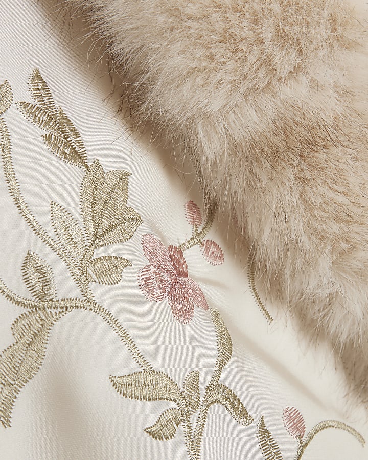 Cream Embroidered Faux Fur Kimono