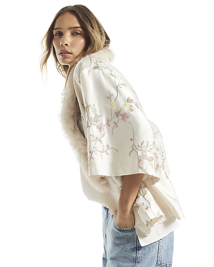 Cream Embroidered Faux Fur Kimono