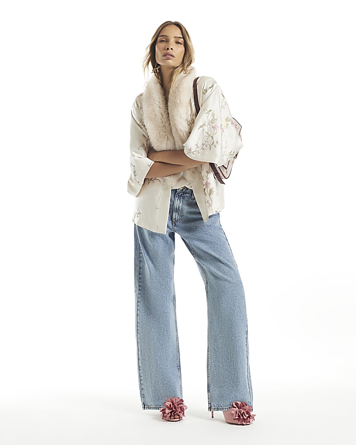 Cream Embroidered Faux Fur Kimono