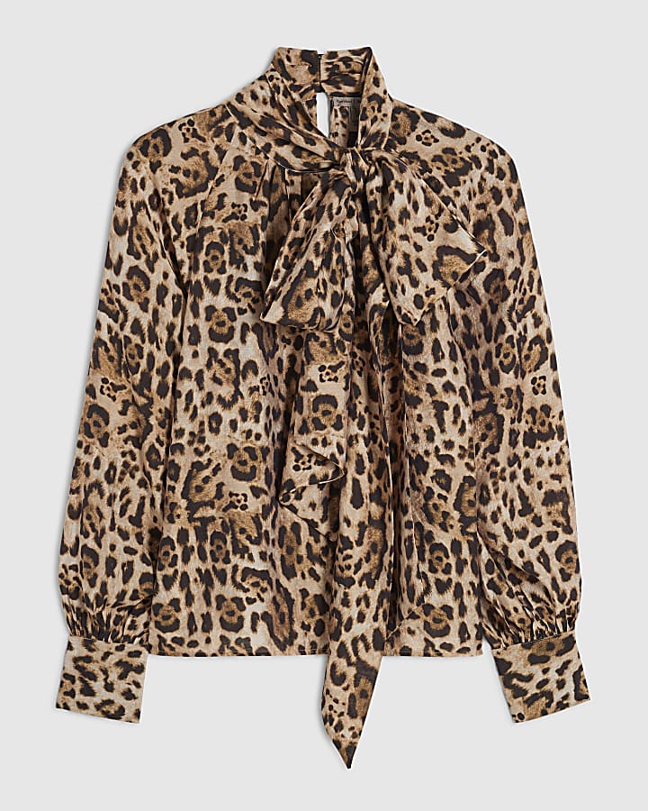 Beige Leopard Print Pussybow Blouse