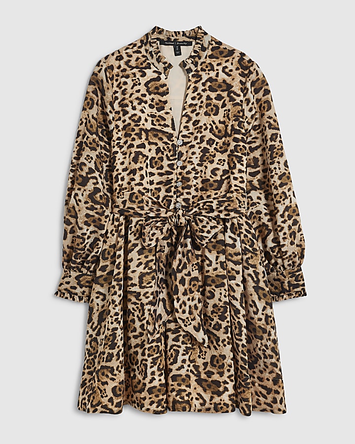 Petite Brown Leopard Belted Skater Dress