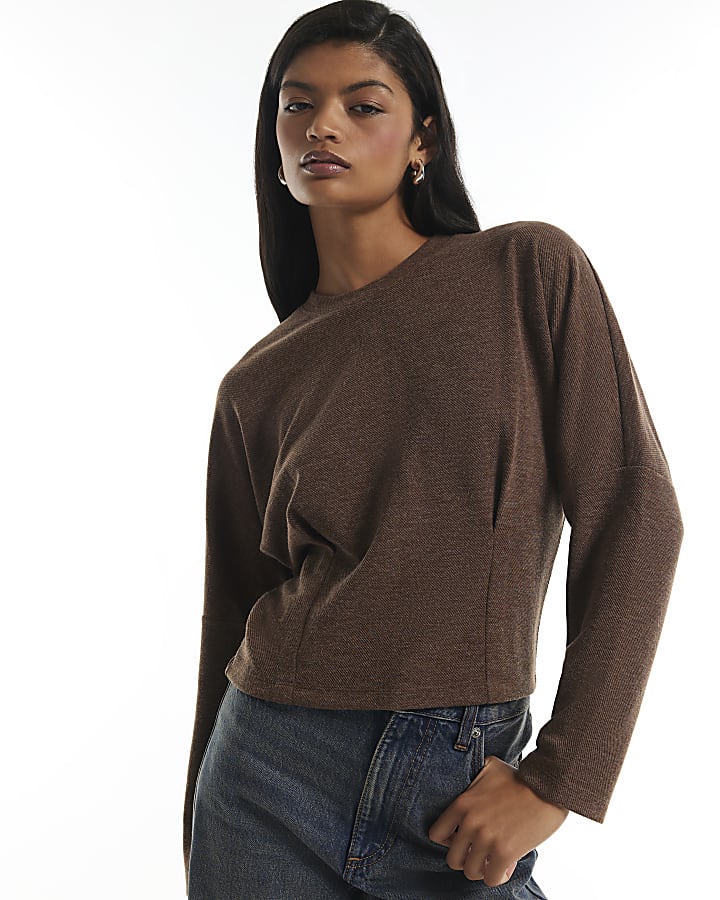 Brown Batwing Pleat Detail Top