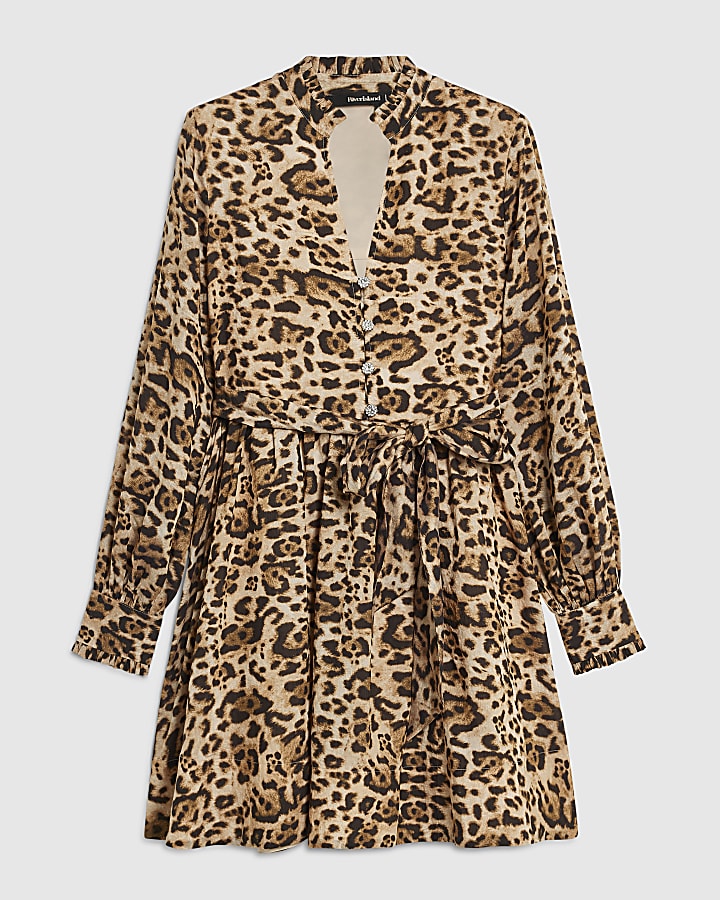 Brown Leopard Belted Skater Dress