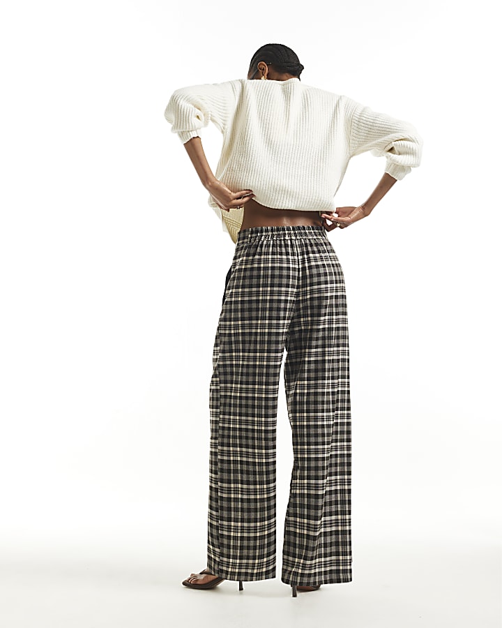 Brown Check Straight Wide Leg Trousers