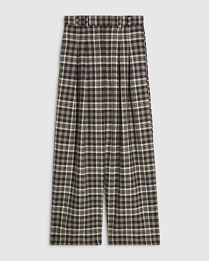 Brown Check Straight Wide Leg Trousers