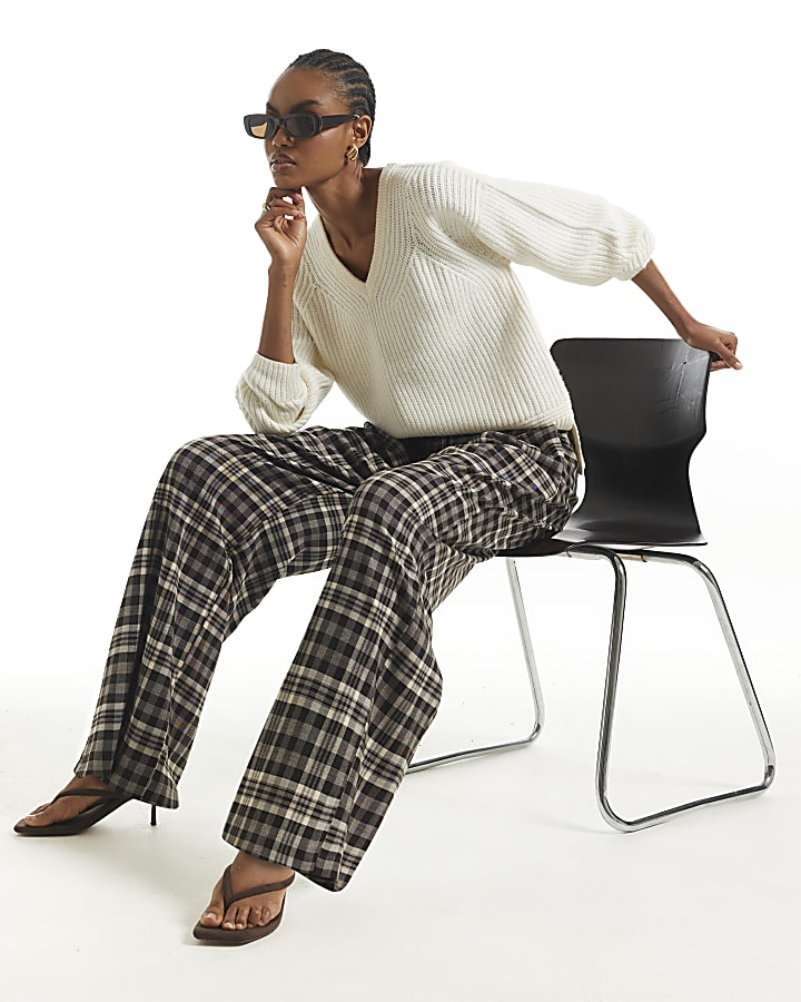 Brown Check Straight Wide Leg Trousers