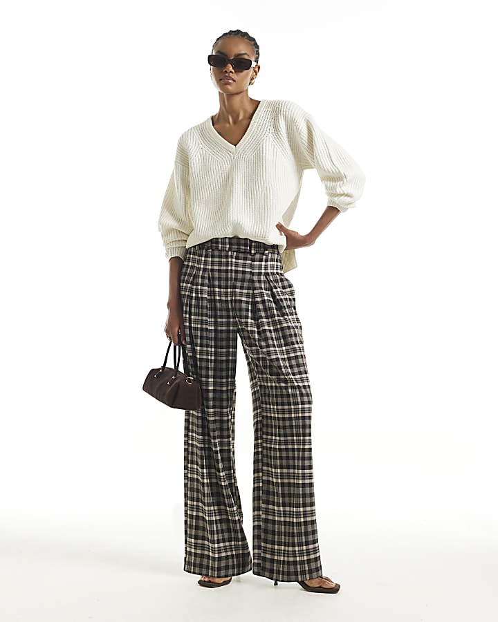 Brown Check Straight Wide Leg Trousers