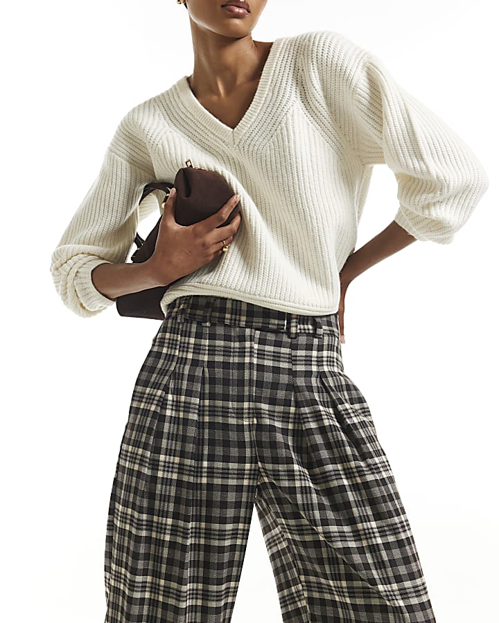 Brown Check Straight Wide Leg Trousers