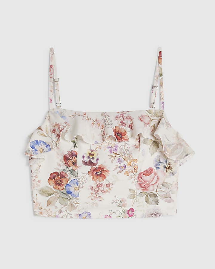 Cream Floral Print Frill Crop Top